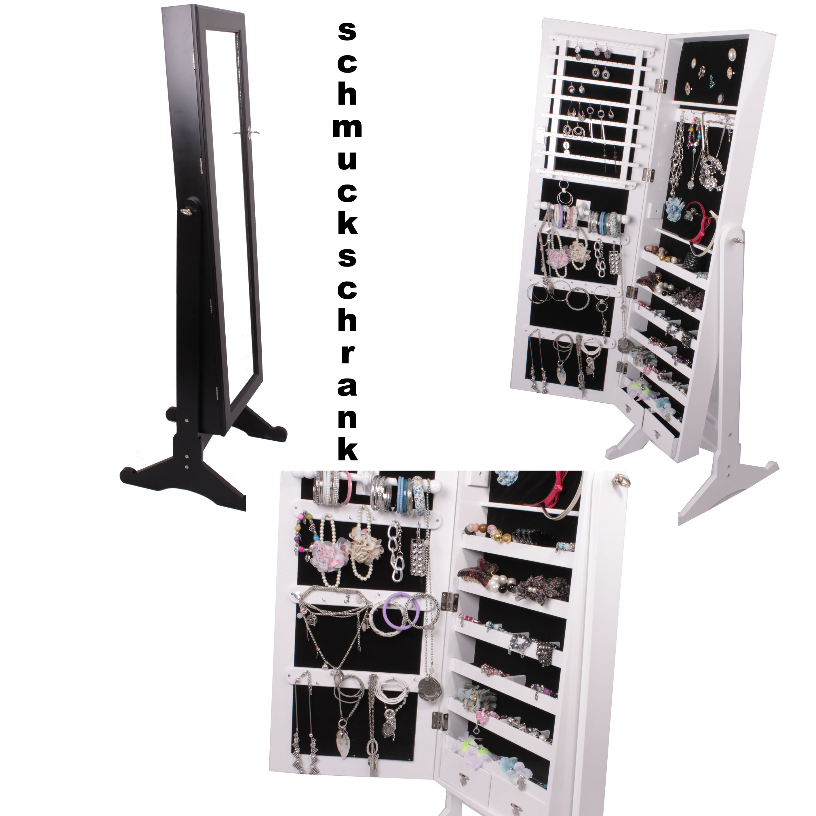 SPIEGEL SCHMUCKSCHRANK SCHRANK SCHMUCK OHRRINGE weiß RINGE KETTE